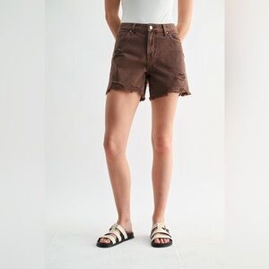 Wide Leg Distressed Boyfriend Midi Shorts - Mica